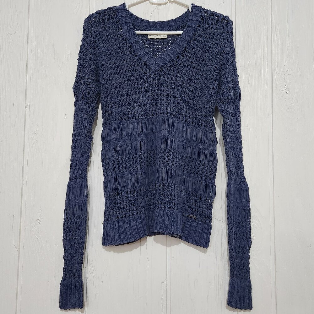 Abercrombie & Fitch Navy Blue Open Knit Loose Weave V Neck Summer Sweater Size S